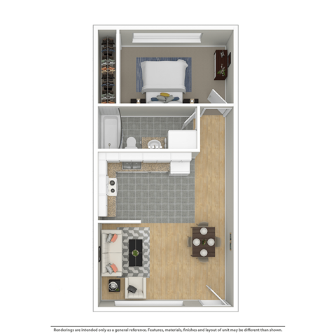Floor plan for 1 bed, 1 bath, 565 sqft